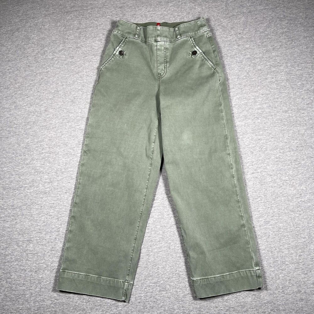 Spanx Pants Womens S Petite Green Cropped Twill Straight Pockets Elastic Waist